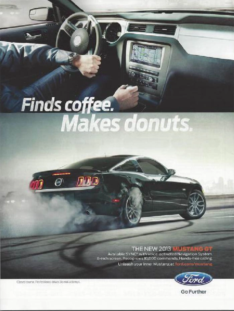 2013 Ford Mustang vintage auto ad; Finds coffee, makes donuts 2013 Ford Mustang vintage auto ad; Finds coffee, makes donuts